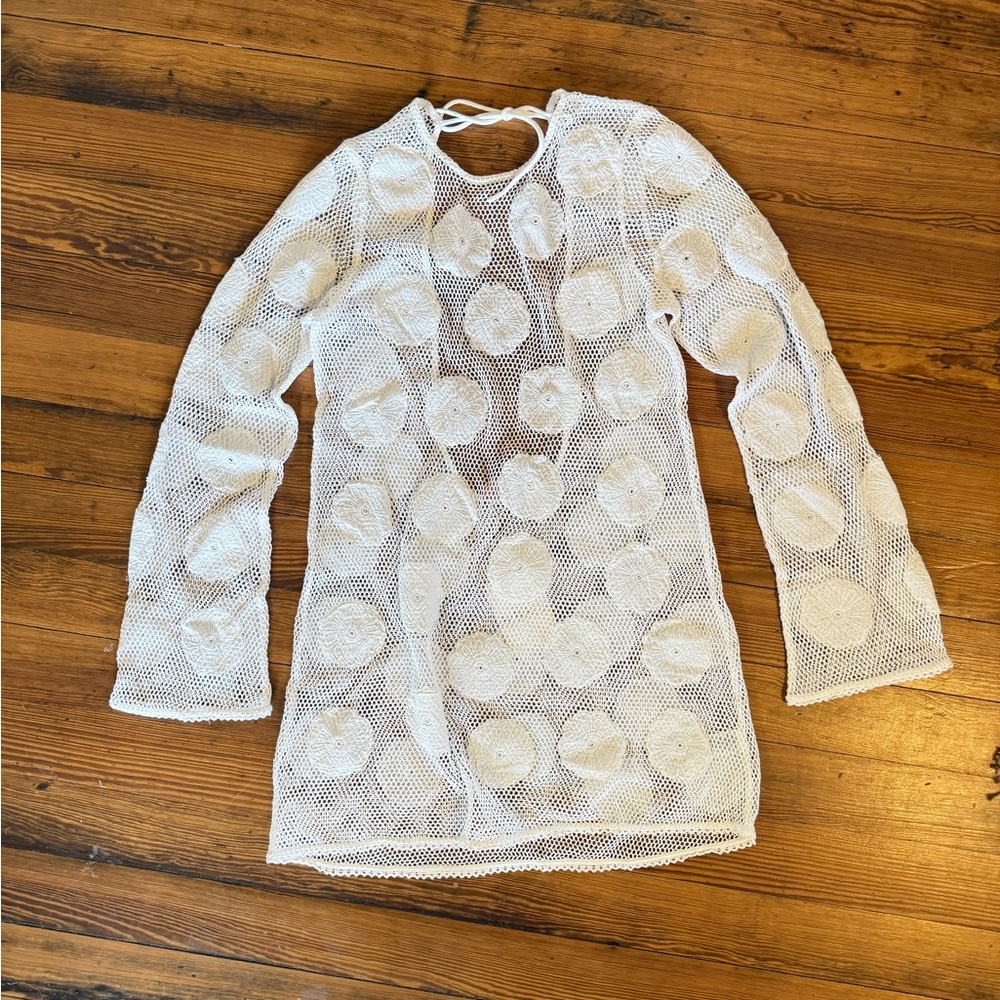 White Mesh Long Sleeve Cover-Up